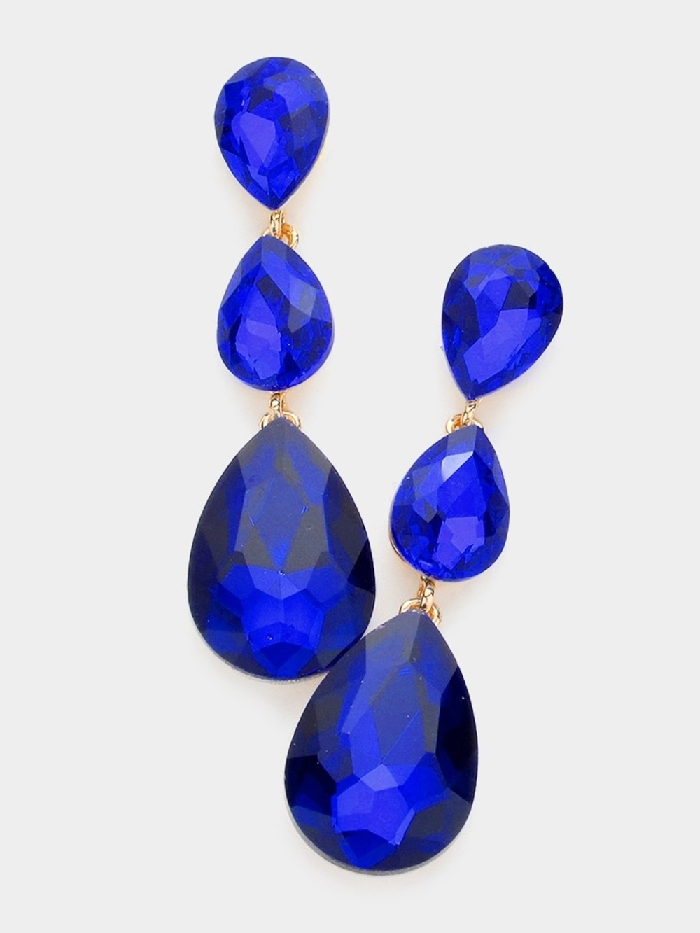 Sapphire Blue Dangle Crystal Earrings 2.75 Inch Triple Tear Drop Jewelry